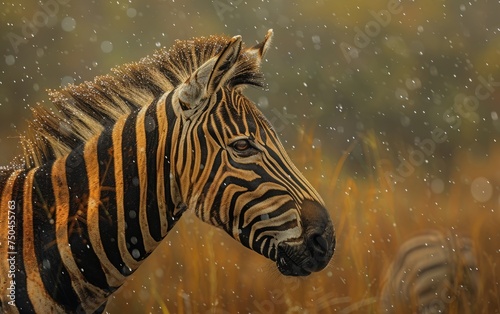 A Vigilant Zebra Amidst Rain on the African Grasslands