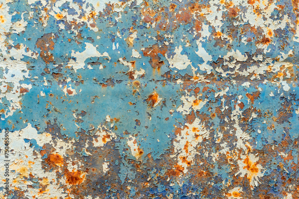 Fototapeta premium A rusty blue metal wall with fallen paint, a rusty background.