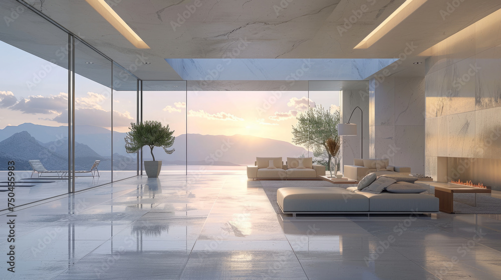 Modern living room with floor-to-ceiling windows overlooking a mountainous sunset landscape, featuring minimalist furniture, glossy floors, and indoor plants. - obrazy, fototapety, plakaty 