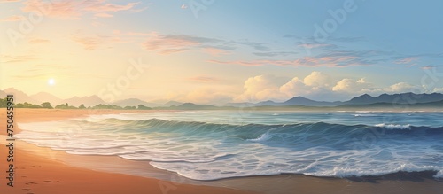 Serene Coastal Landscape with Majestic Waves and Mountain Range at Sunrise