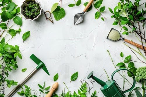 Watering can with gardening tools and green bunch of twigs and leaves on white desk background, top view, border 