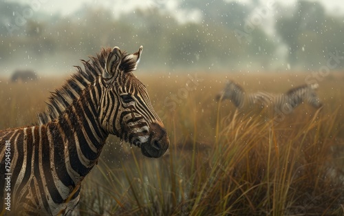 Amidst the Rain  An Alert Zebra on the African Plains