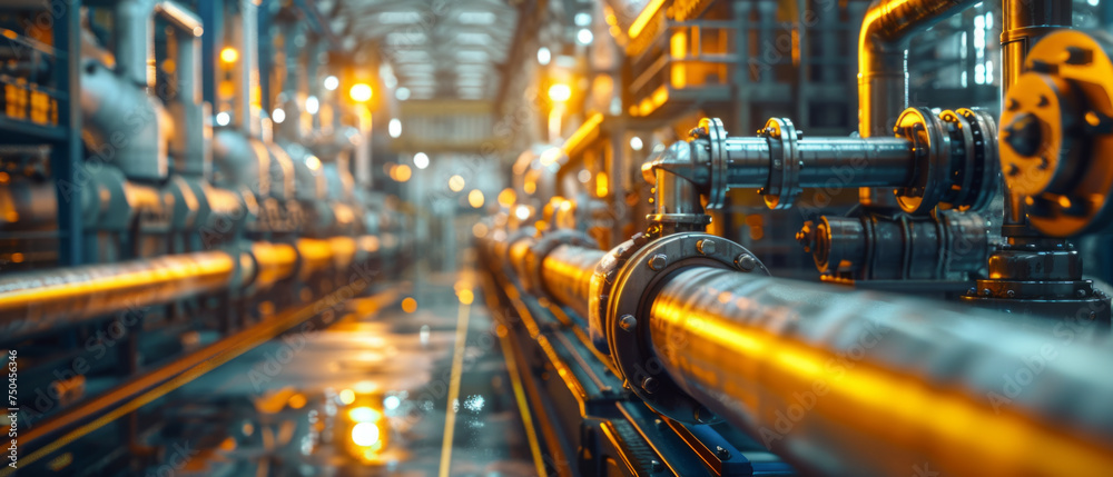 A vibrant industrial interior showcasing a series of metallic pipelines running along the length of the facility with valves and meters attached
