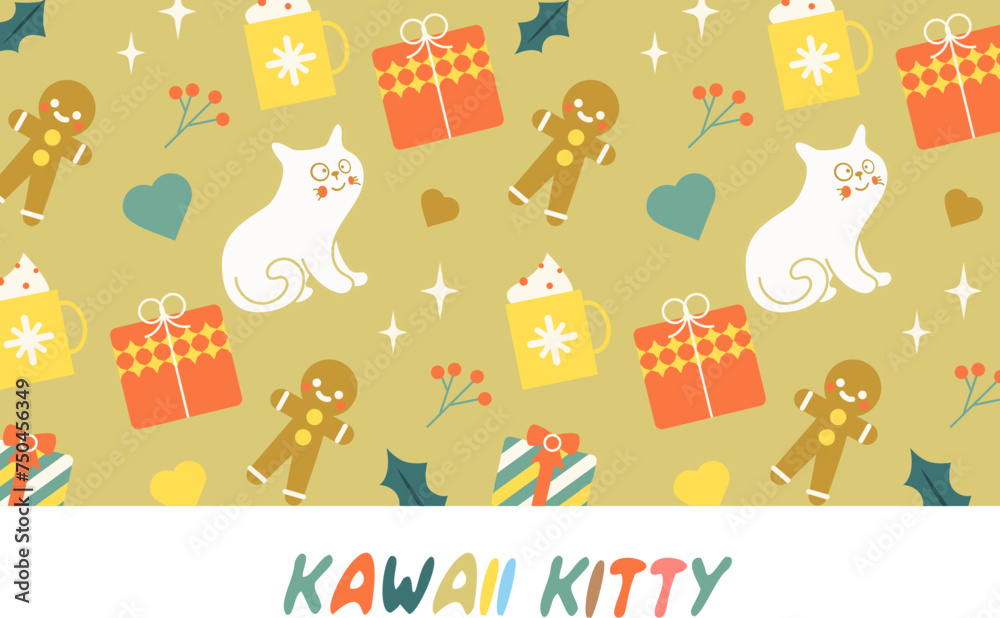 seamless Kawaii Cats vector illustration Smiling Kitty, cute and round-faced cat seamless Kawaii Cats vector illustration Smiling Kitty, cute and round-faced cat