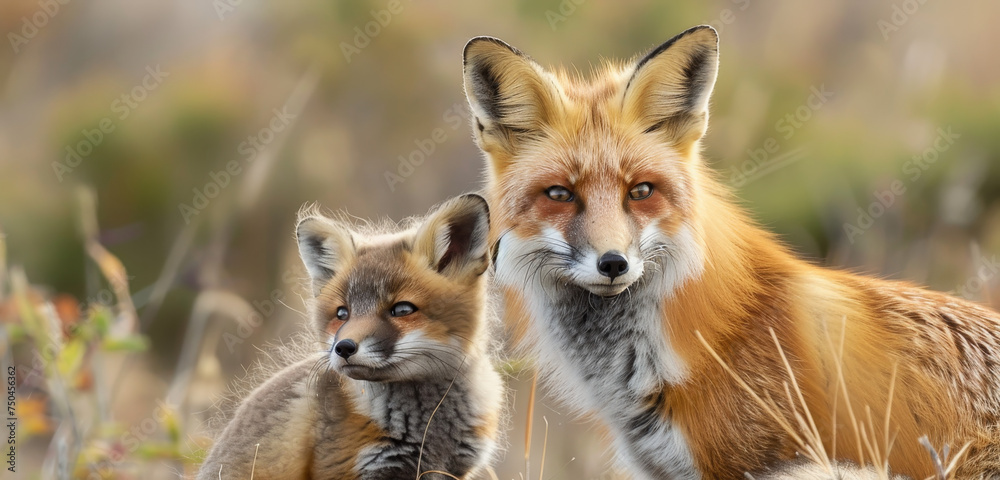 A red fox and its cub share a quiet moment, the cub looking up to its mother against a backdrop of wild greenery. A red fox and its cub share a quiet moment, the cub looking up to its mother against a backdrop of wild greenery.