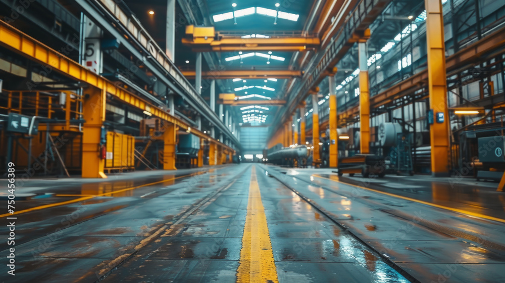 Inside a large industrial warehouse with a symmetrical view of yellow safety lines on the floor leading towards steel support structures, machinery, and overhead lighting.