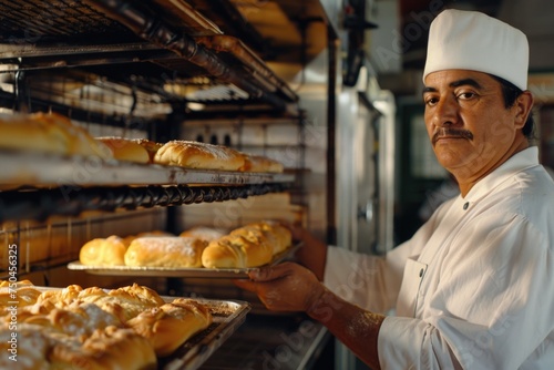 A man in a chef s hat holding a tray of freshly baked bread. Perfect for bakery or restaurant promotions