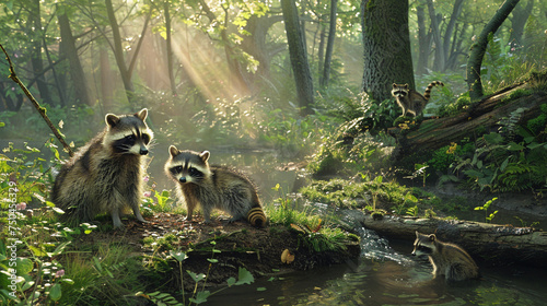 A family of raccoons scavenging for food near a babbling brook in a sunlit clearing within a lush green forest.