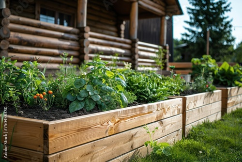 Wooden raided beds in modern garden growing plants herbs spices vegetables and flowers near a wooden house in the countryside 