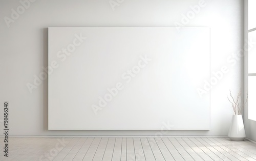 Minimalistic style art studio space mockup. Huge white framed blank art canvas on large wall in minimal room. Soft day light. Gallery  exhibition  exposure. AI Generative.
