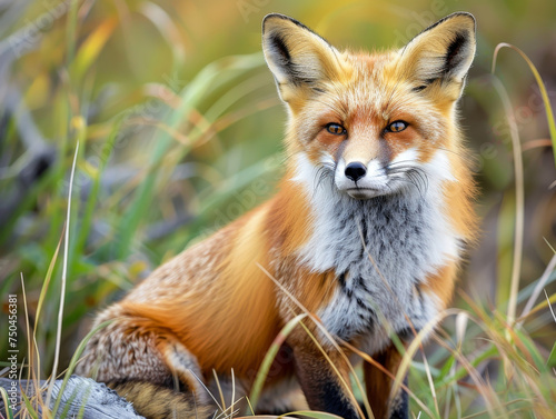 A red fox sitting, resting in a grass.