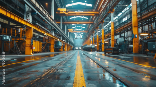 Inside a large industrial warehouse with a symmetrical view of yellow safety lines on the floor leading towards steel support structures, machinery, and overhead lighting.