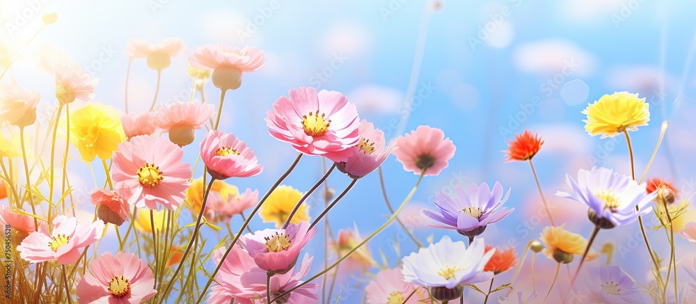 Obraz premium Vibrant Flower Field Under Blue Skies: Summer Bloom Paradise for Nature Lovers