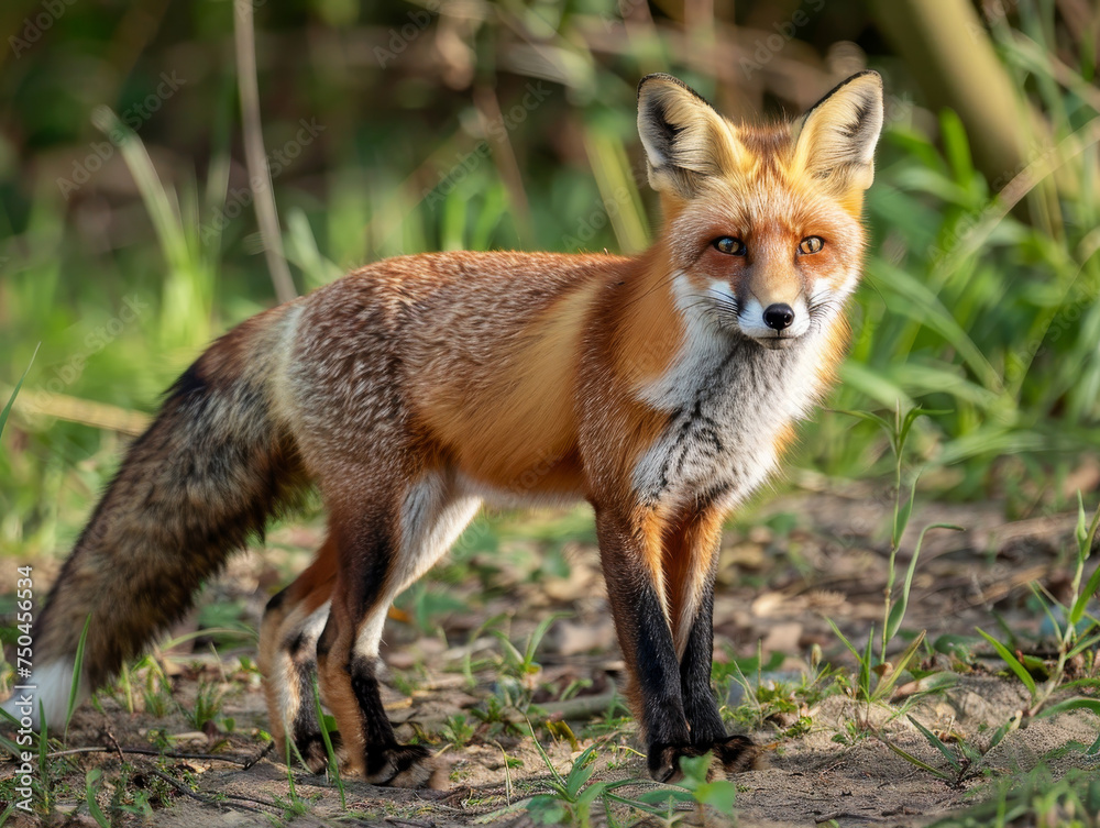 An attentive, solitary red fox stands in the grass, its gaze fixed on something in the distance.