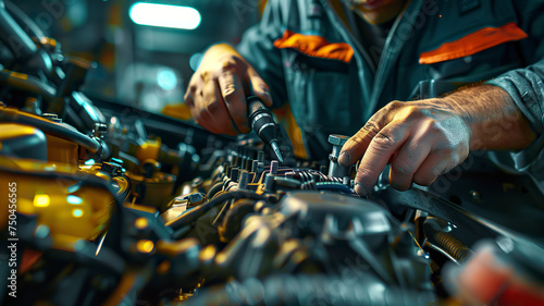 auto mechanic working in workshop, close up a car mechanic repairing car engine, service worker at the work