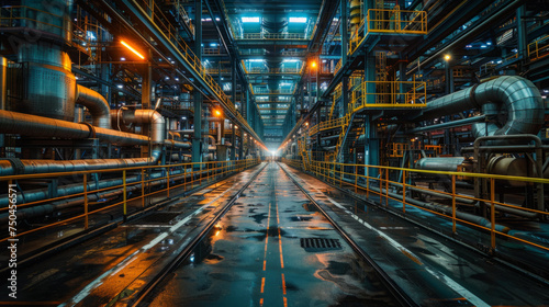 Industrial interior of a steel plant with symmetrical perspective, full of pipes, steel beams, staircases, and catwalks with yellow safety rails © ChubbyCat