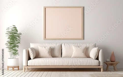 Mock up poster frame in modern beige home interior. Minimalistic natural style. Toned peach colors. AI Generative.