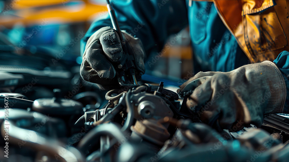 auto mechanic working in workshop, close up a car mechanic repairing car engine, service worker at the work - obrazy, fototapety, plakaty 