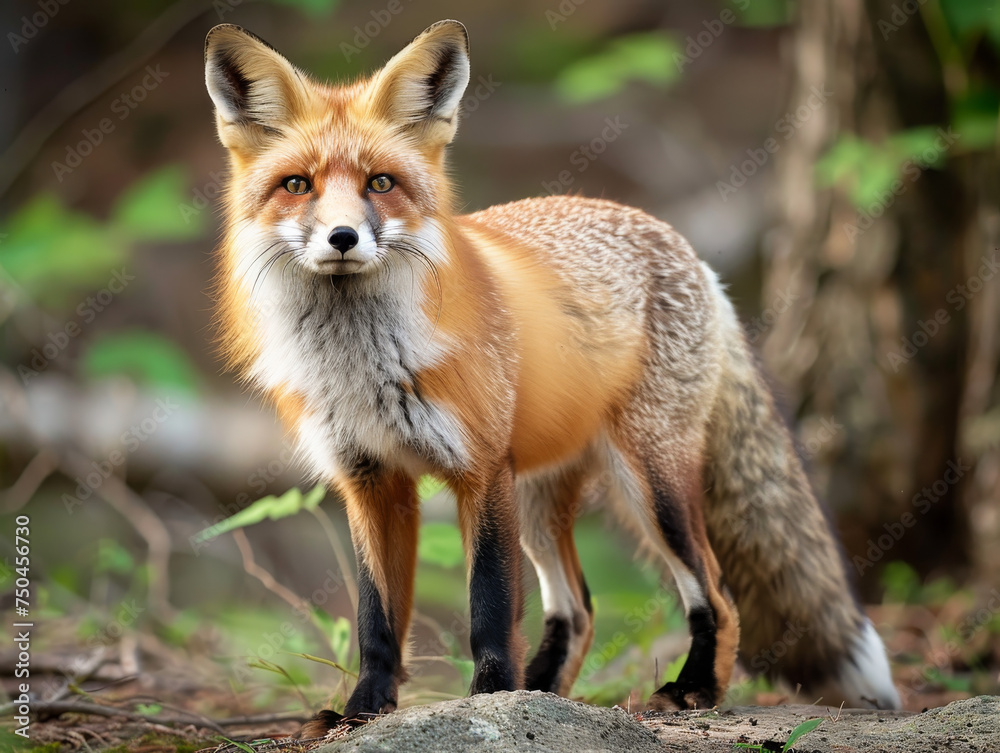 The red fox looks directly into camera, its fur aglow in the soft golden light of dawn or dusk.