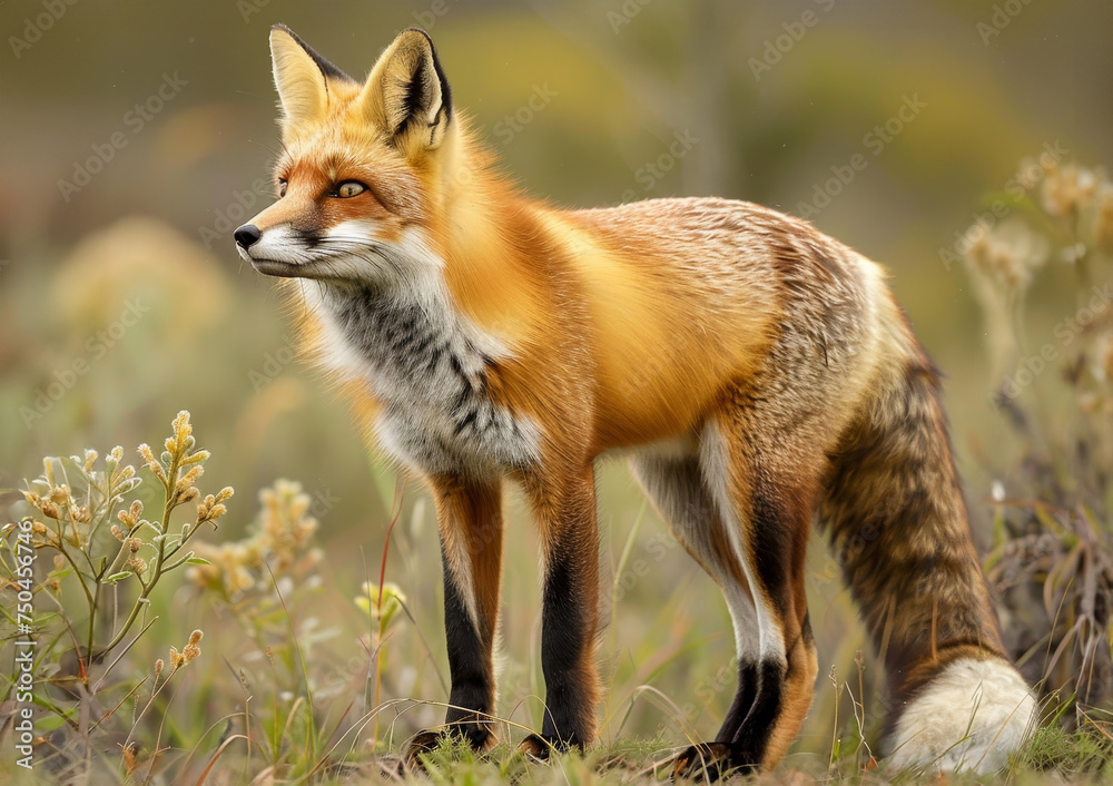 The red fox looks straight ahead, its fur aglow in the soft golden light of dawn or dusk.