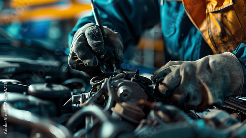 auto mechanic working in workshop, close up a car mechanic repairing car engine, service worker at the work photo