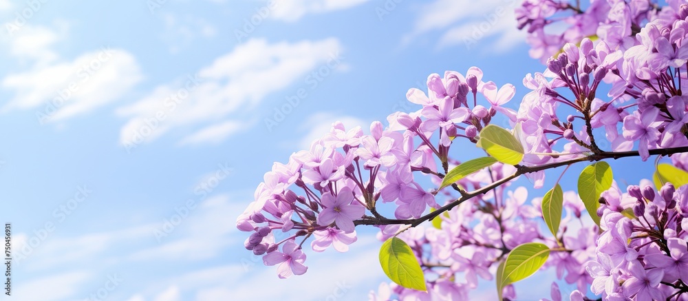 Vibrant Purple Flower Blooms on Tree Branch in Serene Nature Landscape