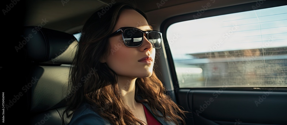 Stylish Woman in Chic Sunglasses Relaxing in the Back Seat of a Car