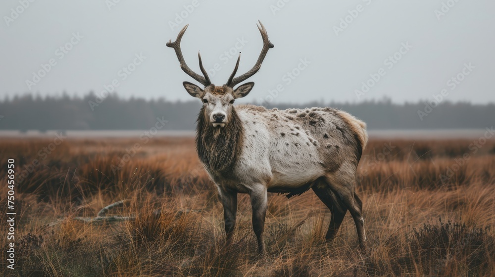 Fototapeta premium A graceful white deer roams among the green forest. The beauty of brown natural wildlife