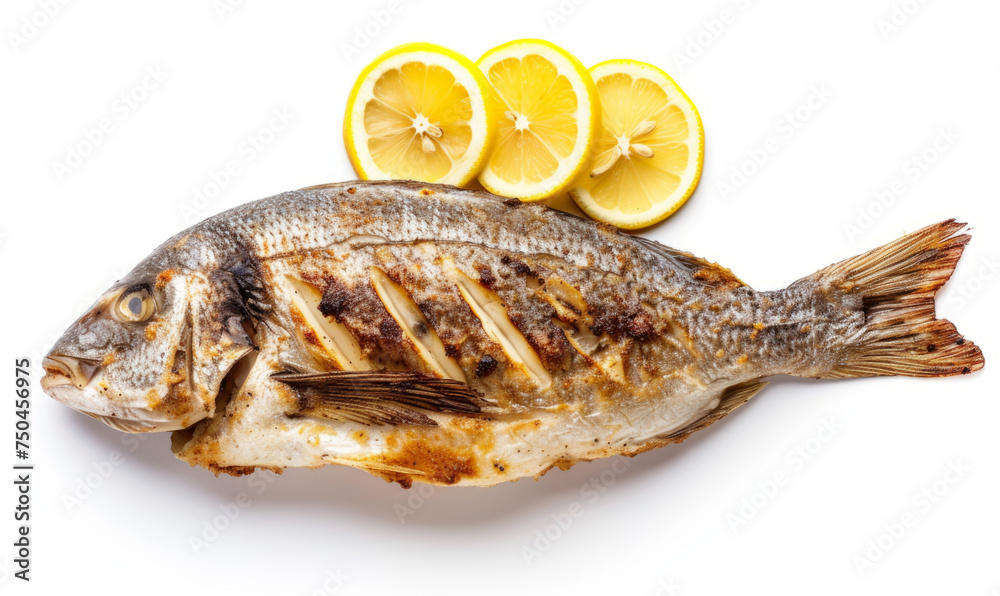 Grilled Fish with Lemon Slices, neatly placed, top-down view isolated on white background. Seafood dining concept. Design for culinary presentations and recipe layouts Grilled Fish with Lemon Slices, neatly placed, top-down view isolated on white background. Seafood dining concept. Design for culinary presentations and recipe layouts