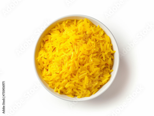 Saffron Rice in a white bowl, top-down view isolated on white background. Indian cuisine concept. Design for food blogs and culinary guides