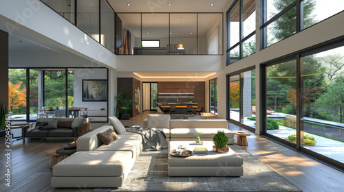 Luxurious open-plan living room with modern furniture and large windows offering a view of lush greenery.