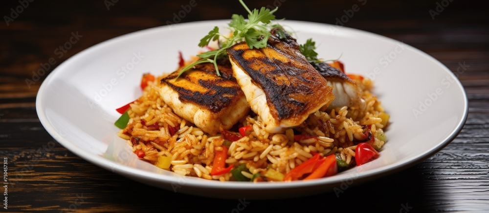 Exquisite Platter: Mouthwatering Fried Rice with Flavorful Spicy Sea Bass