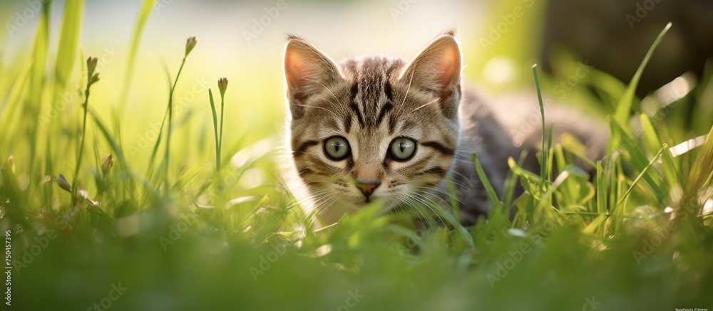 Curious Cat Stares Intensely at the Camera, Surrounded by Lush Green Grass