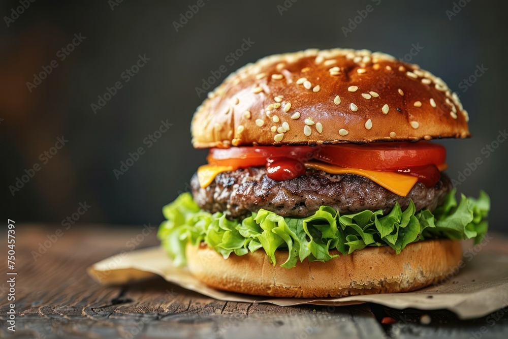 A delicious hamburger with fresh lettuce, tomato, and cheese on a bun. Perfect for food and restaurant concepts A delicious hamburger with fresh lettuce, tomato, and cheese on a bun. Perfect for food and restaurant concepts