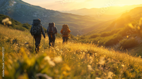 Family and friends bonding on a hiking adventure at sunset