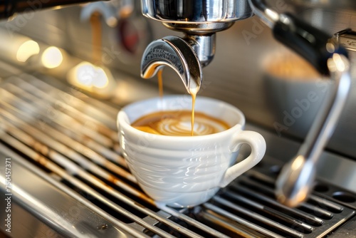A cup of coffee being poured into a coffee machine. Ideal for illustrating the process of making coffee. 