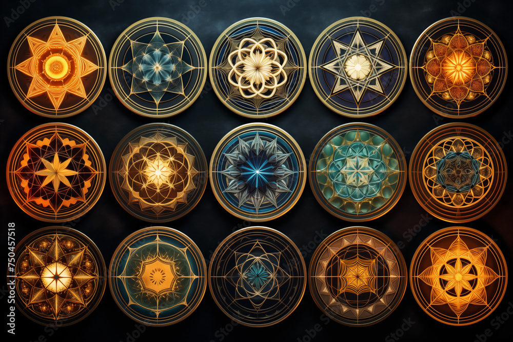 Fototapeta premium Diverse set of colorful geometric mandala designs showcased against a dark, textured backdrop
