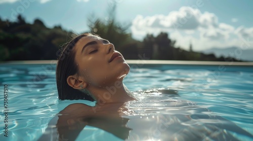 A woman peacefully floating in a pool. Ideal for relaxation and wellness concepts