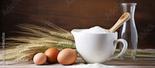 Preparation for Baking: Ingredients in Motion with Flour, Eggs, and Milk in a Whisk on Wooden Table
