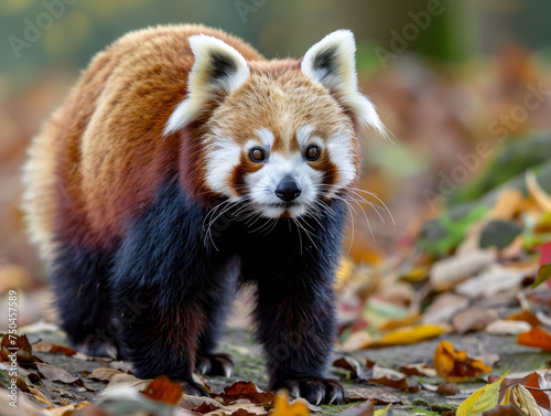A red panda on a leisurely stroll through autumn leaves, its rich red fur contrasting with the green grass.