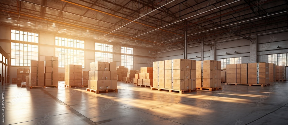 Vast Warehouse Stockroom Packed with Assorted Boxes for Logistics and Storage Solutions