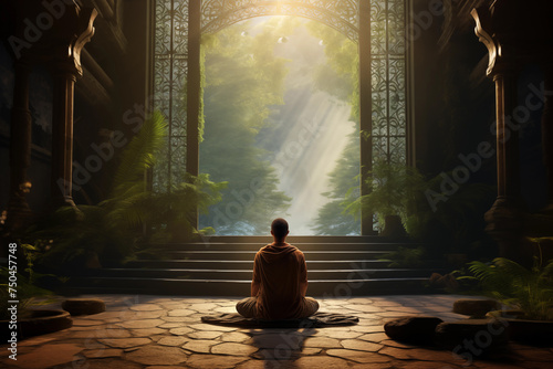 Person meditating in a tranquil ancient temple with sunlight filtering through trees