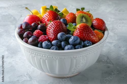 A white bowl filled with a variety of fruit. Great for healthy eating concepts 