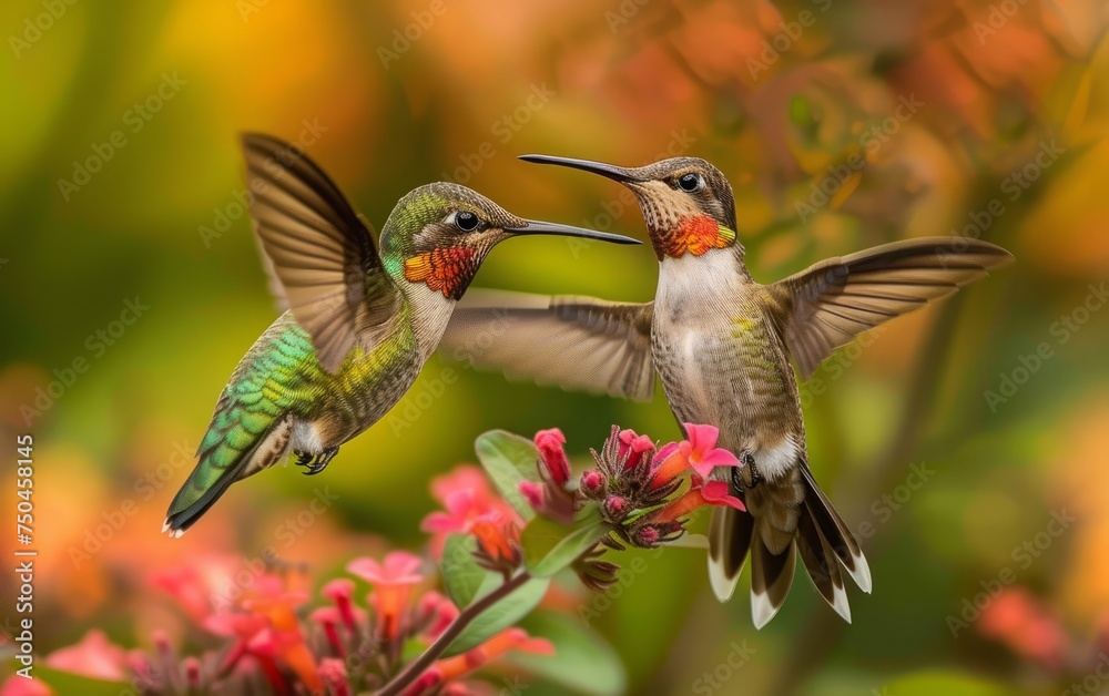 Twin Hummingbirds Feeding on Nectar from Bright Flowers Side by Side Twin Hummingbirds Feeding on Nectar from Bright Flowers Side by Side