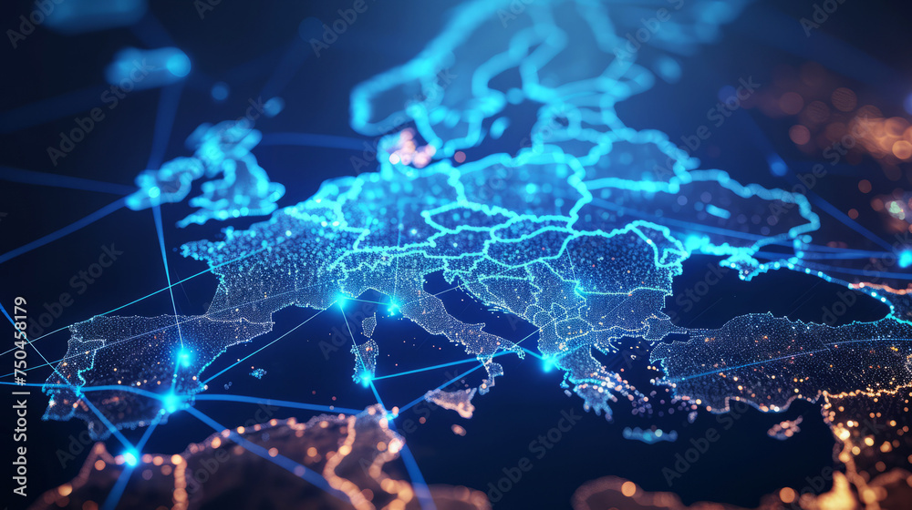 Abstract digital map of Western Europe with glowing nodes and connections Abstract digital map of Western Europe with glowing nodes and connections