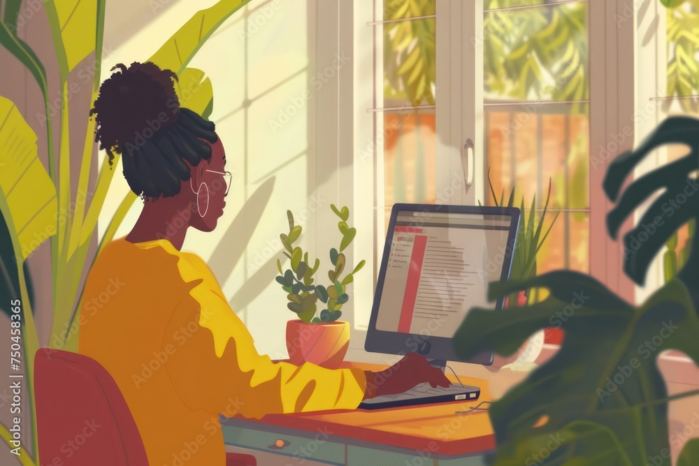 Black woman, typing in home office and laptop for research in remote work, social media or blog in apartment. Black woman, typing in home office and laptop for research in remote work, social media or blog in apartment.