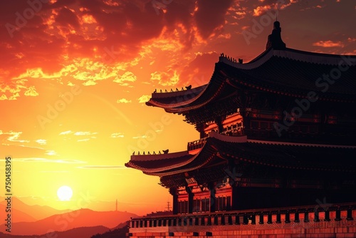 A serene sunset behind a traditional pagoda in the mountains. Perfect for travel brochures or meditation websites