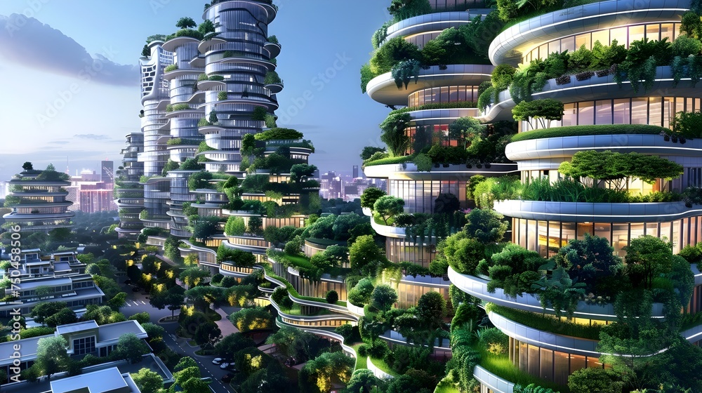 Obraz premium Green Futuristic Cityscape with Vegetation and Advanced Technologies