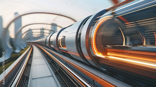 Futuristic Light Silver and Orange Metro Train in Motion © pkproject