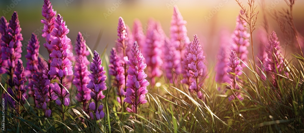 Naklejka premium Vibrant Purple Flowers Glistening in the Warm Sunlight Amongst Lush Greenery